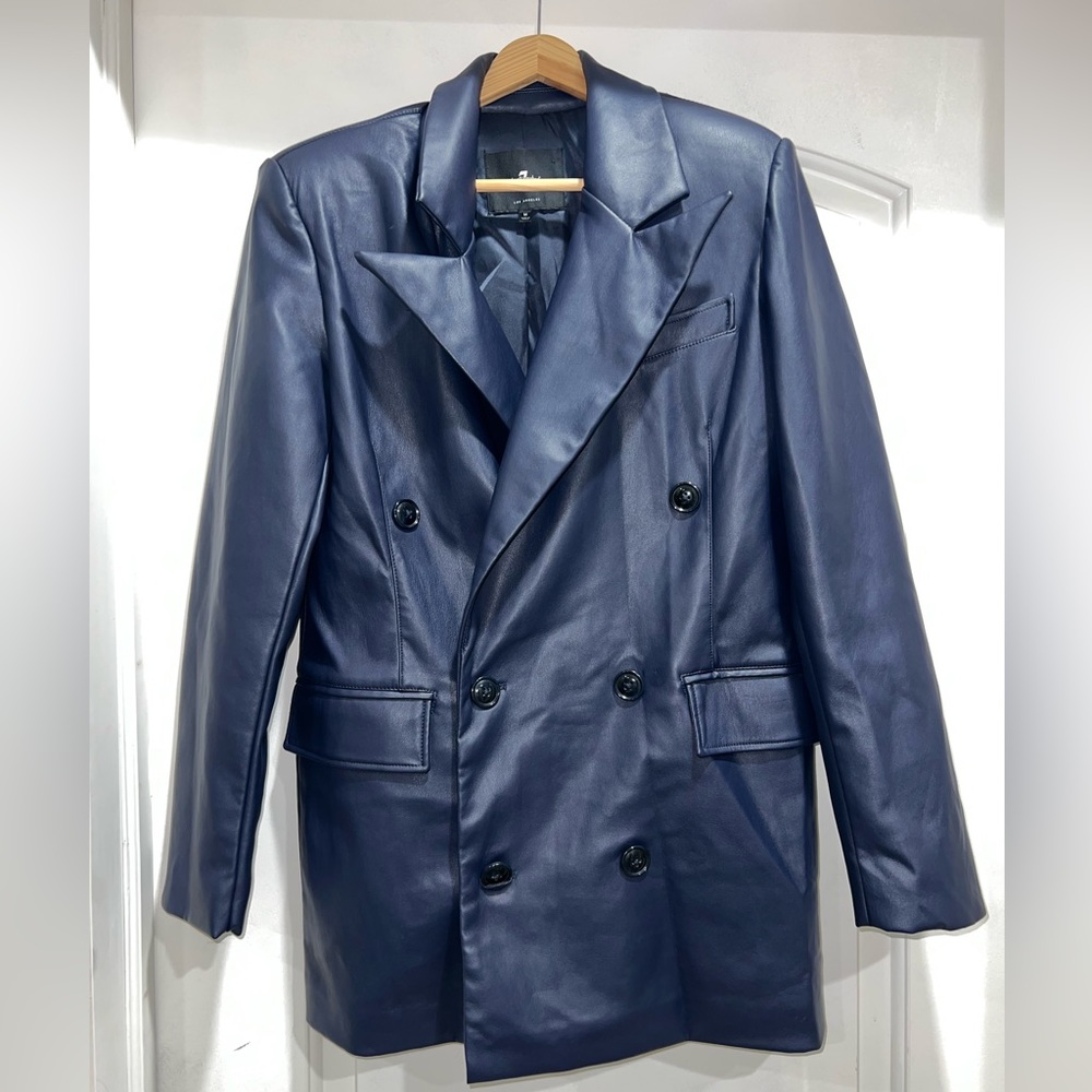 7 For All Mankind Women’s Double Breasted Faux Leather Coat Size M Navy Blue